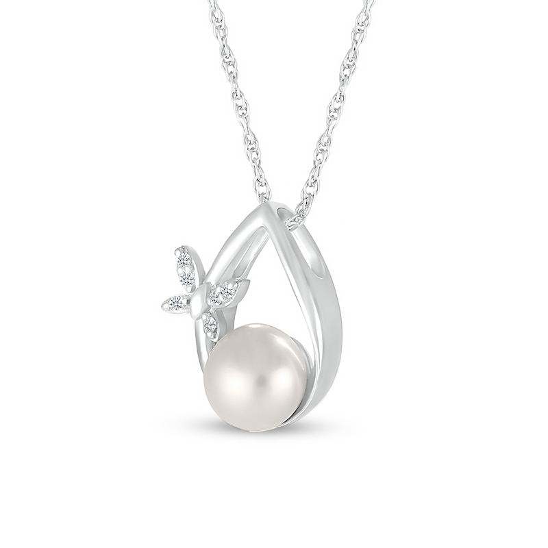 7.0mm Freshwater Cultured Pearl and Diamond Accent Butterfly Open Teardrop Pendant in Sterling Silver|Peoples Jewellers