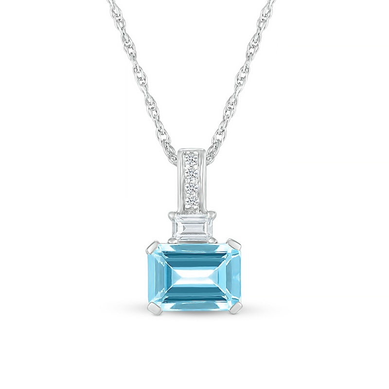 Emerald-Cut Swiss Blue Topaz and Baguette and Round White Lab-Created Sapphire Stacked Pendant in Sterling Silver