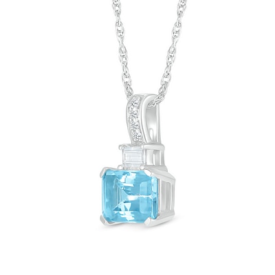 Emerald-Cut Swiss Blue Topaz and Baguette and Round White Lab-Created Sapphire Stacked Pendant in Sterling Silver