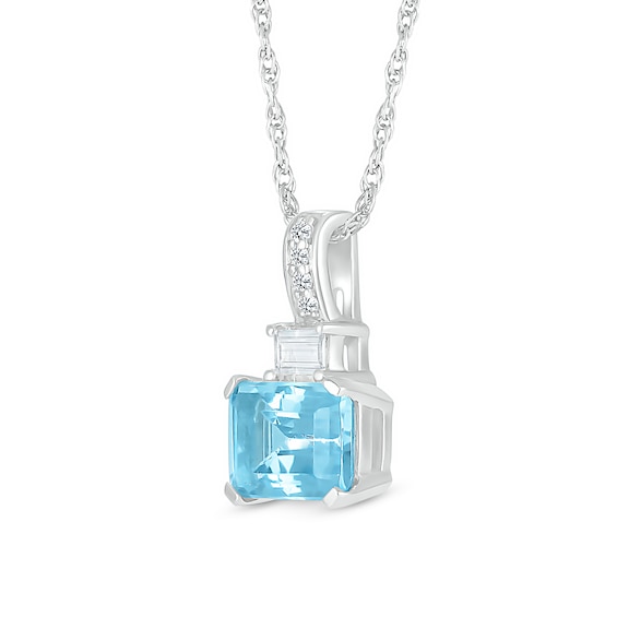 Emerald-Cut Swiss Blue Topaz and Baguette and Round White Lab-Created Sapphire Stacked Pendant in Sterling Silver