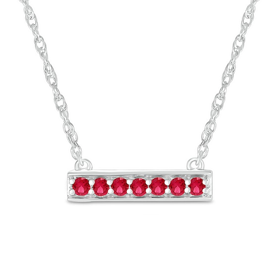 Lab-Created Ruby Seven Stone Border Bar Necklace in Sterling Silver