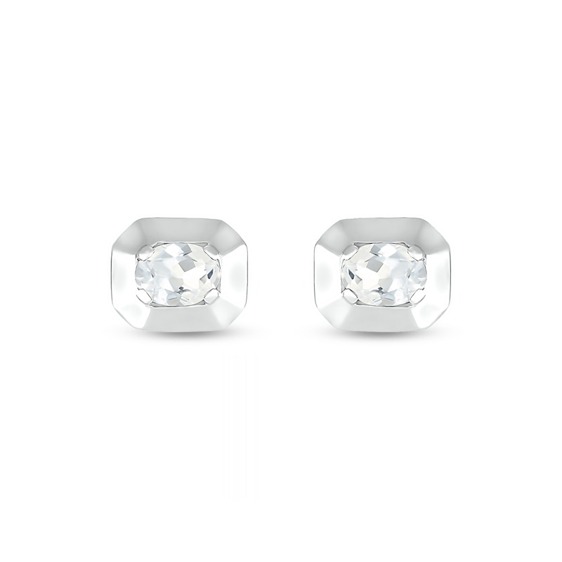 Oval White Lab-Created Sapphire Solitaire Octagonal Frame Stud Earrings in Sterling Silver
