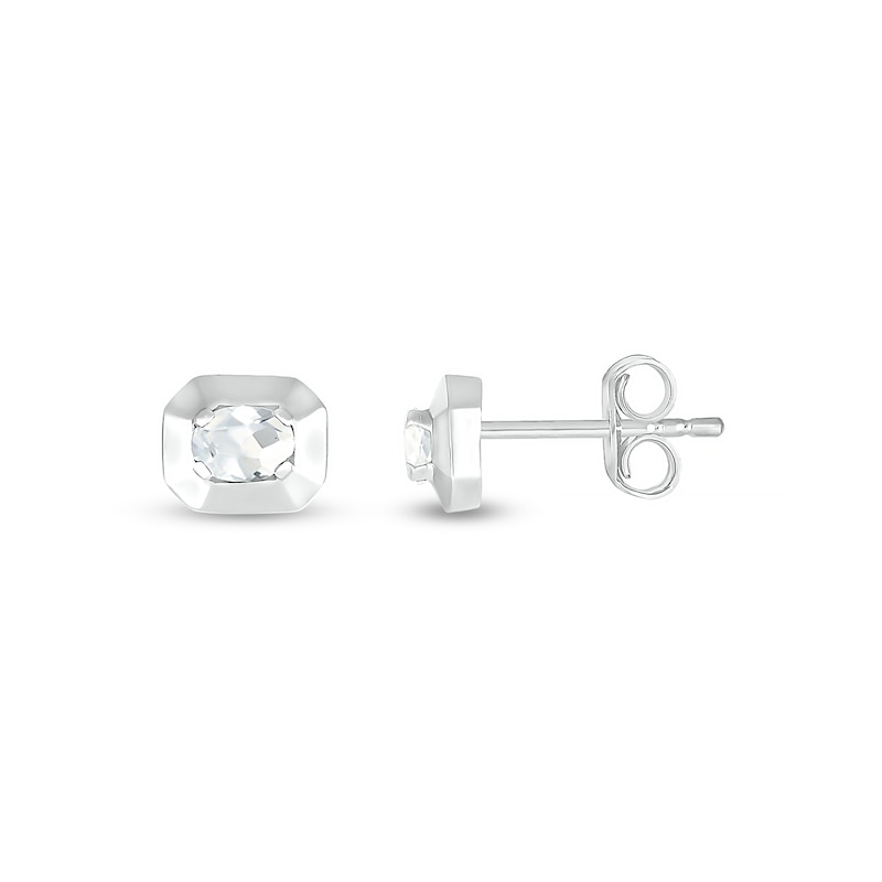 Oval White Lab-Created Sapphire Solitaire Octagonal Frame Stud Earrings in Sterling Silver