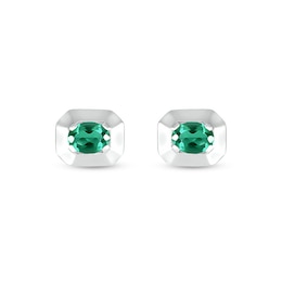 Oval Lab-Created Emerald Solitaire Octagonal Frame Stud Earrings in Sterling Silver