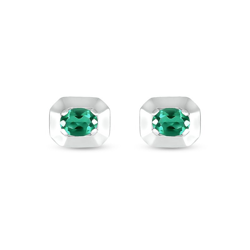 Oval Lab-Created Emerald Solitaire Octagonal Frame Stud Earrings in Sterling Silver|Peoples Jewellers