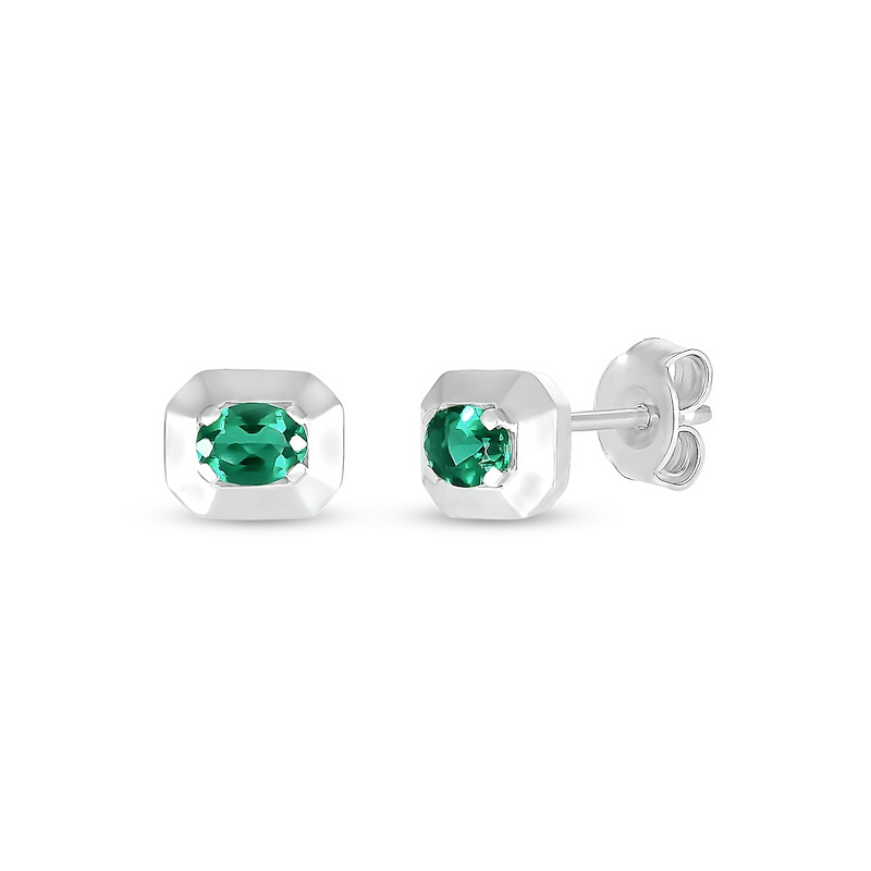 Oval Lab-Created Emerald Solitaire Octagonal Frame Stud Earrings in Sterling Silver