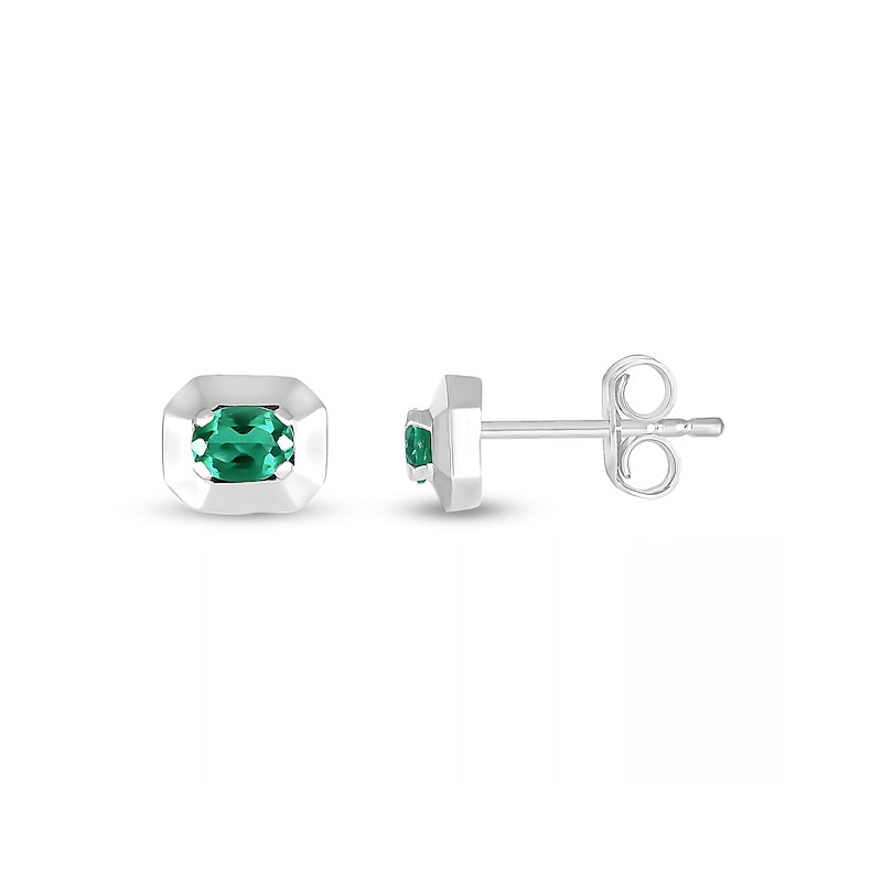 Oval Lab-Created Emerald Solitaire Octagonal Frame Stud Earrings in Sterling Silver