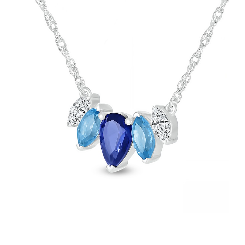 Pear-Shaped Blue and White Lab-Created Sapphire with Marquise Swiss Blue Topaz Five Stone Necklace in Sterling Silver