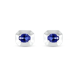 Oval Blue Lab-Created Sapphire Solitaire Octagonal Frame Stud Earrings in Sterling Silver