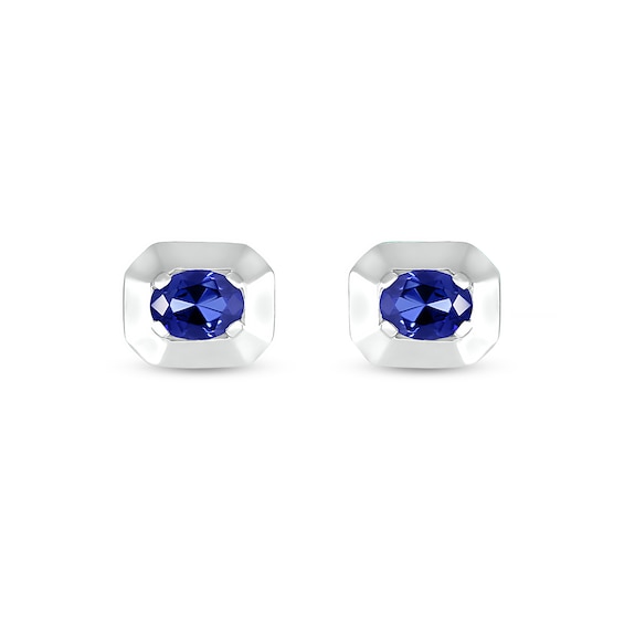 Oval Blue Lab-Created Sapphire Solitaire Octagonal Frame Stud Earrings in Sterling Silver