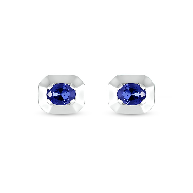 Main Image 1 of Oval Blue Lab-Created Sapphire Solitaire Octagonal Frame Stud Earrings in Sterling Silver