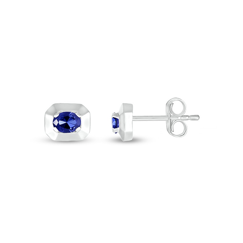 Main Image 3 of Oval Blue Lab-Created Sapphire Solitaire Octagonal Frame Stud Earrings in Sterling Silver