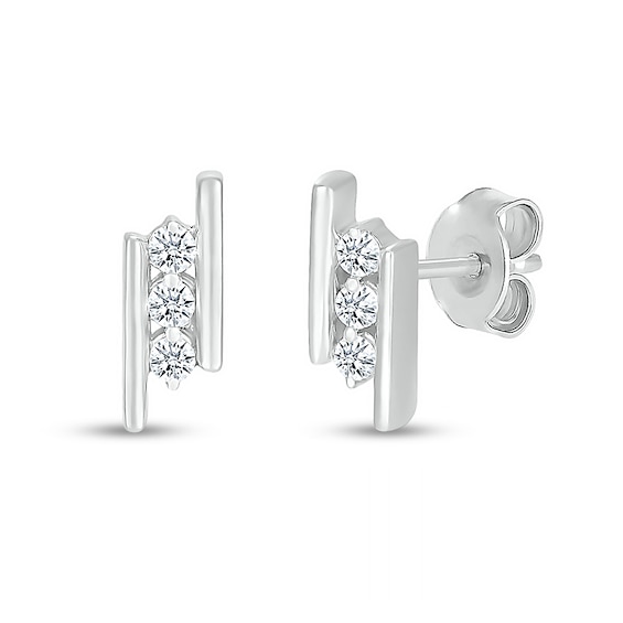 White Lab-Created Sapphire Three Stone Border Slant Bar Stud Earrings in Sterling Silver