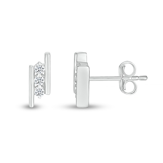 White Lab-Created Sapphire Three Stone Border Slant Bar Stud Earrings in Sterling Silver