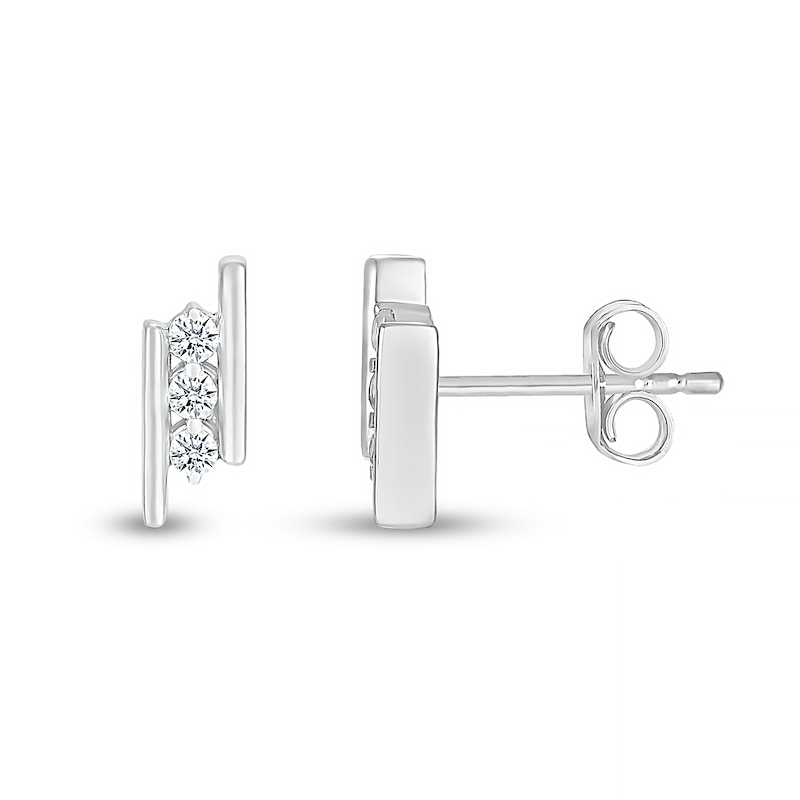 White Lab-Created Sapphire Three Stone Border Slant Bar Stud Earrings in Sterling Silver|Peoples Jewellers