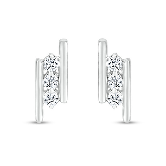 White Lab-Created Sapphire Three Stone Border Slant Bar Stud Earrings in Sterling Silver