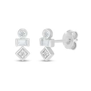 Baguette and Round White Lab-Created Sapphire Three Stone Stacked Geometric Stud Earrings in Sterling Silver