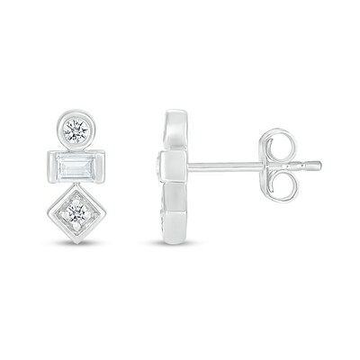 Baguette and Round White Lab-Created Sapphire Three Stone Stacked Geometric Stud Earrings in Sterling Silver