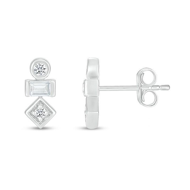 Baguette and Round White Lab-Created Sapphire Three Stone Stacked Geometric Stud Earrings in Sterling Silver|Peoples Jewellers