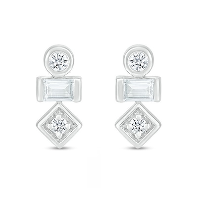 Baguette and Round White Lab-Created Sapphire Three Stone Stacked Geometric Stud Earrings in Sterling Silver