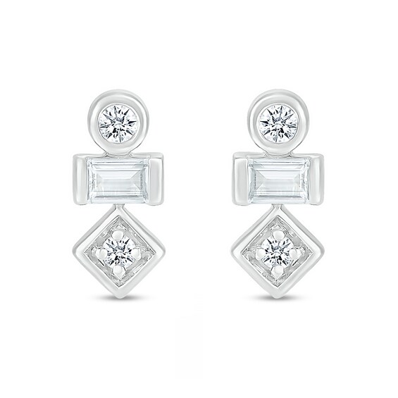 Baguette and Round White Lab-Created Sapphire Three Stone Stacked Geometric Stud Earrings in Sterling Silver