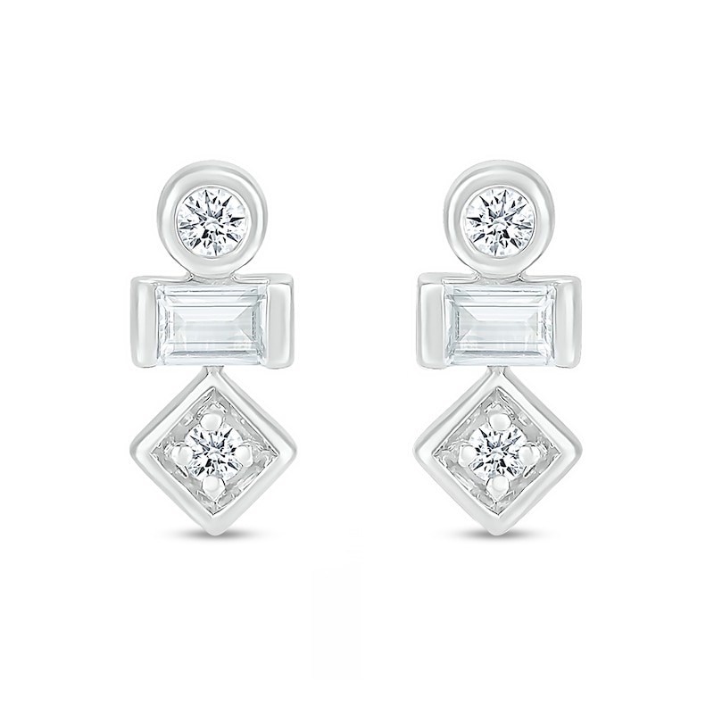 Baguette and Round White Lab-Created Sapphire Three Stone Stacked Geometric Stud Earrings in Sterling Silver