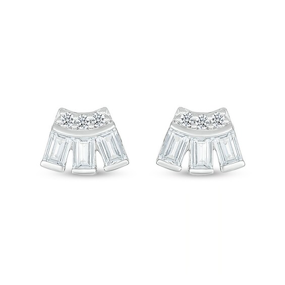 Baguette and Round White Lab-Created Sapphire Art Deco Curved Stud Earrings in Sterling Silver