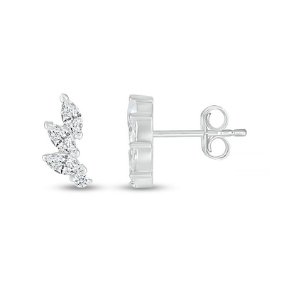 Marquise White Lab-Created Sapphire Three Stone Slant Curved Stud Earrings in Sterling Silver