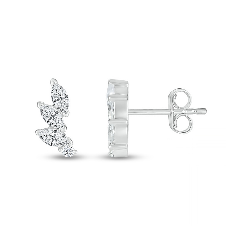 Marquise White Lab-Created Sapphire Three Stone Slant Curved Stud Earrings in Sterling Silver|Peoples Jewellers