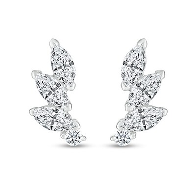 Marquise White Lab-Created Sapphire Three Stone Slant Curved Stud Earrings in Sterling Silver