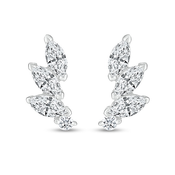 Marquise White Lab-Created Sapphire Three Stone Slant Curved Stud Earrings in Sterling Silver