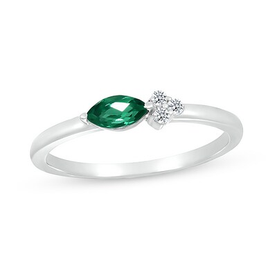 Sideways Marquise Lab-Created Emerald and White Lab-Created Sapphire Trio Side Accent Ring in Sterling Silver