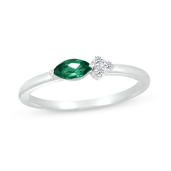 Sideways Marquise Lab-Created Emerald and White Lab-Created Sapphire Trio Side Accent Ring in Sterling Silver