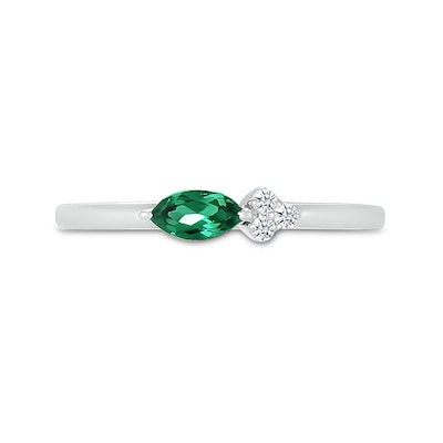 Sideways Marquise Lab-Created Emerald and White Lab-Created Sapphire Trio Side Accent Ring in Sterling Silver