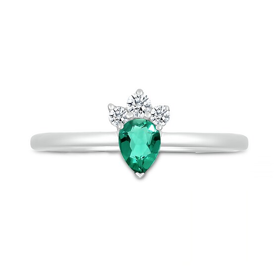 Pear-Shaped Lab-Created Emerald and White Lab-Created Sapphire Tri-Top Tiara Ring in Sterling Silver