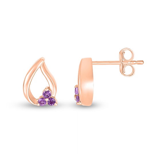 Amethyst Trio Swirl Ribbon Open Teardrop Stud Earrings in 10K Rose Gold