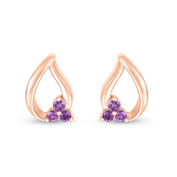 Amethyst Trio Swirl Ribbon Open Teardrop Stud Earrings in 10K Rose Gold