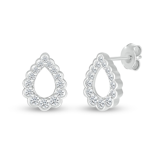 White Lab-Created Sapphire Graduated Scallop Edge Open Teardrop Stud Earrings in Sterling Silver