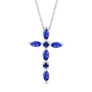 Marquise and Round Blue Lab-Created Sapphire Alternating Cross Pendant in Sterling Silver