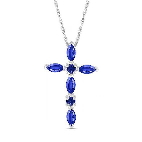 Marquise and Round Blue Lab-Created Sapphire Alternating Cross Pendant in Sterling Silver