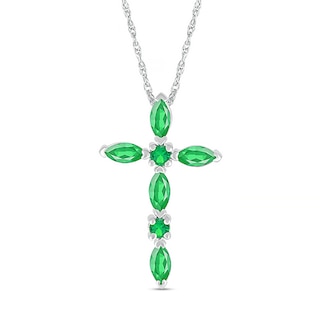 Marquise and Round Lab-Created Emerald Alternating Cross Pendant in Sterling Silver