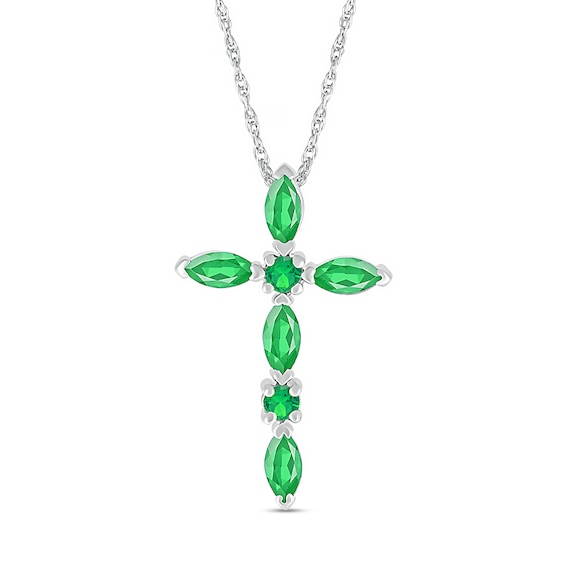 Marquise and Round Lab-Created Emerald Alternating Cross Pendant in Sterling Silver