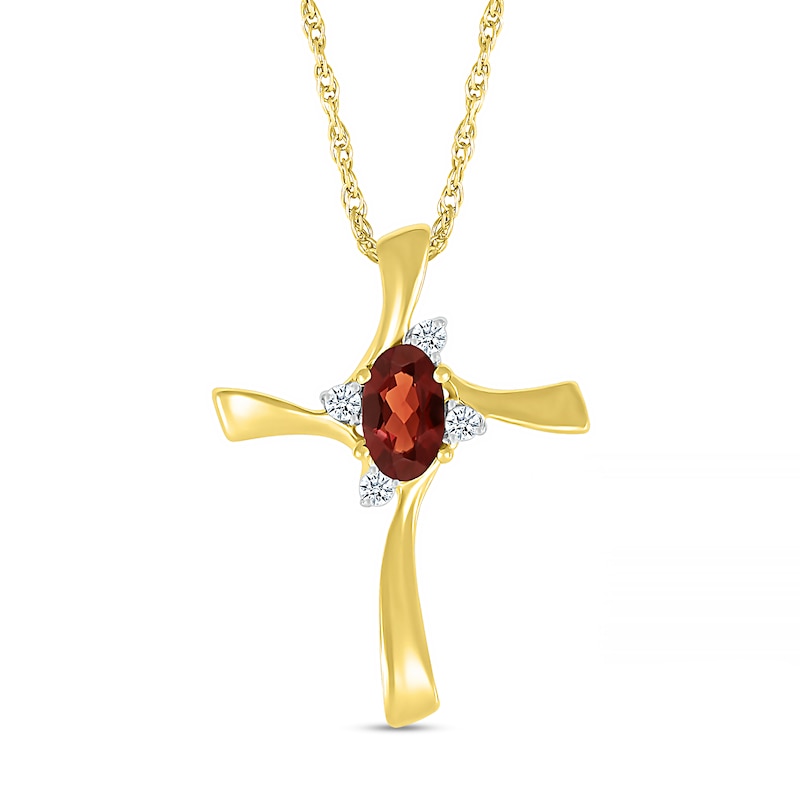 Oval Garnet and Diamond Accent Swirl Ribbon Cross Pendant in 10K Gold