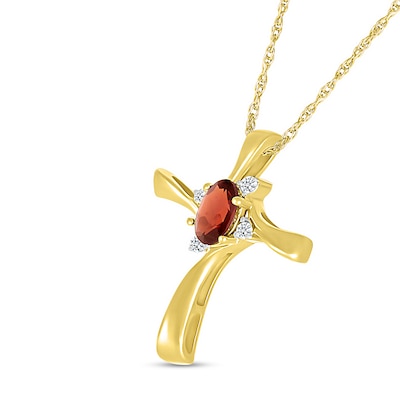 Oval Garnet and Diamond Accent Swirl Ribbon Cross Pendant in 10K Gold