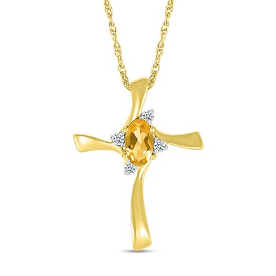 Oval Citrine and Diamond Accent Swirl Ribbon Cross Pendant in 10K Gold