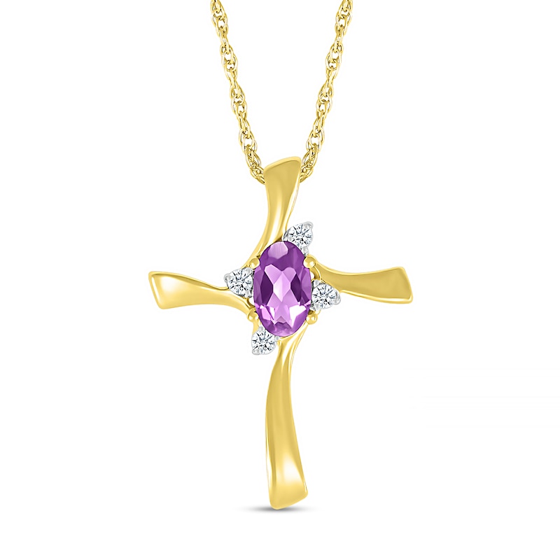 Oval Amethyst and Diamond Accent Swirl Ribbon Cross Pendant in 10K Gold|Peoples Jewellers