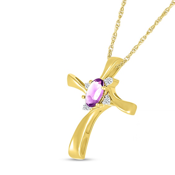 Oval Amethyst and Diamond Accent Swirl Ribbon Cross Pendant in 10K Gold