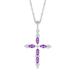 Marquise Amethyst and 0.065 CT. T.W. Diamond Tri-Tip Cross Pendant in Sterling Silver