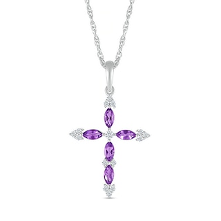 Marquise Amethyst and 0.065 CT. T.W. Diamond Tri-Tip Cross Pendant in Sterling Silver