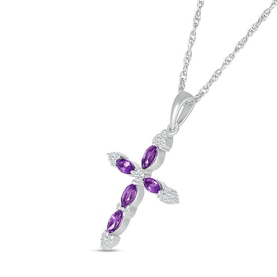 Marquise Amethyst and 0.065 CT. T.W. Diamond Tri-Tip Cross Pendant in Sterling Silver